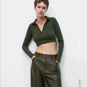 ZARA olive green ribbed collared long sleeve crop top
